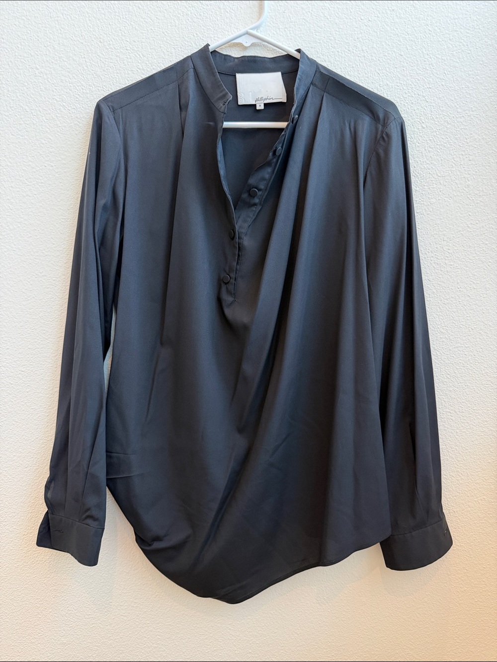 3.1 PHILLIP LIM Black Long-Sleeve Silk Top Blouse 8 Pleated Details Asymmetric